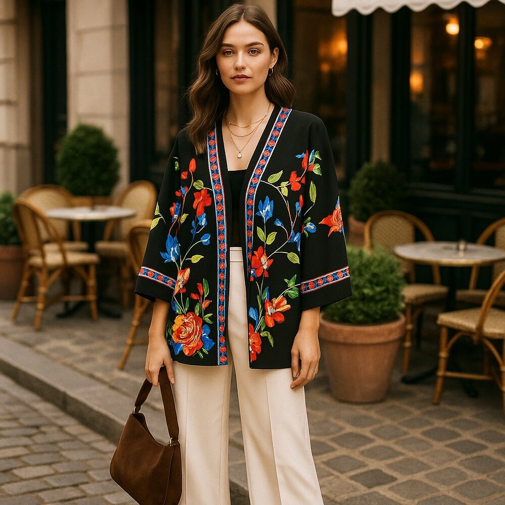Vibrant Floral Kimono Jacket – Boutique Fall Statement